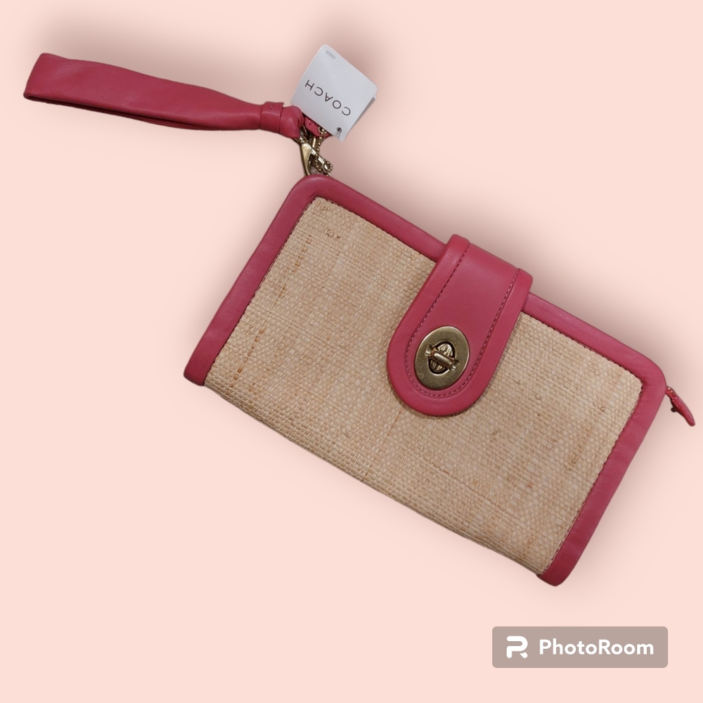 Coach pink leather/straw clutch